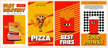 Vertical stories templates with funky burger, pizza, drink and french fries character in retro groovy style. Social media posts. posters set vector