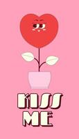 Vertical stories template with cute heart in pot character in retro groovy style. Social media post with psychedelic mascot. Kiss me. poster vector