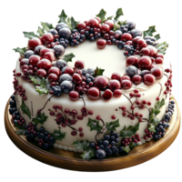 Cake with Berries and Holly Leaves on Transparent Background png