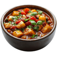 Chicken and Potato Curry in a Bowl with Basil on Transparent Background png