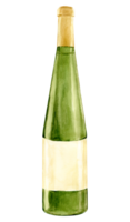 Watercolor bottle of white wine with old paper label. Hand drawn clipart of alcoholic drink in green bottle for party and event. Grape drink illustration for tasting, menu, bar, posters. png