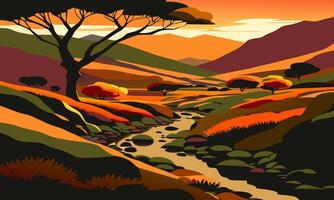 Landscape with a calm stream in the hills, illustration. vector