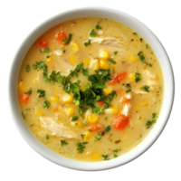 Chicken and Corn Soup in a Bowl with Spoon on Transparent Background png