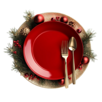 Christmas Table Setting with Red Plate, Fork, and Knife png