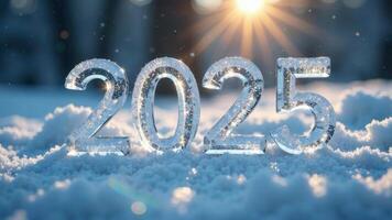 Snowy morning with snowflakes and Icy number 2025, outside blurred background with sun rays, photo on New Year's Eve
