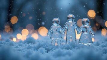 Family theme on New Year's Eve, Icy figures sit in the snow outside from mother, father, daughter, everning photo time with snowflakes and bokeh on blurred background, copy space