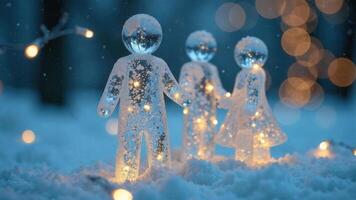 Icy figures sit in the snow outside, a family theme on New Year's Eve, mother, father, daughter, everning time with snowflakes and bokeh on blurred background, copy space photo