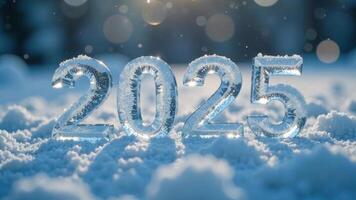 Ice number 2025 on a shiny snowy background with blurred sun rays, photo outside on New Year's Eve, snowy morning with snowflakes, shadows and bokeh