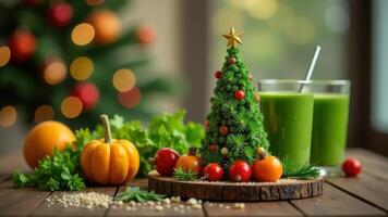 Healthy food on the table with small Christmas tree of greens and vegetables - lettuce, tomatoes and citrus, green smoothy, festive cozy atmosphere photo