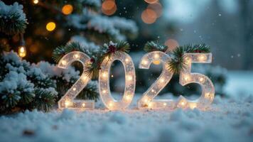 3D Icy Displaying 2025 on New Year Eve with bokeh and lights and christmas tree on blurred background, everning time on New Year's Eve with snowflakes photo