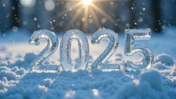 Icy number 2025 on snow, outside blurred background with sun rays, photo on New Year's Eve, snowy morning with snowflakes, shadows and bokeh, christmas theme