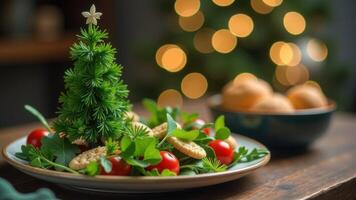 Festive scene, table with small Christmas tree of greens and vegetables - lettuce, tomatoes and citrus, healthy and seasonal touch, soft background bokeh of lights creates warm, cozy atmosphere photo