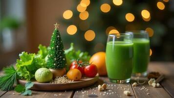 Christmas table with healthy foods and green smoothy , small Christmas tree of greens and vegetables, warm soft blurred background, cozy composition photo