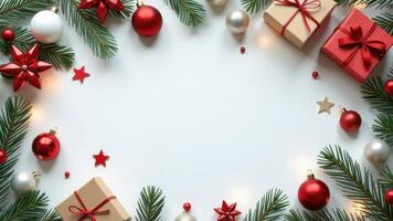 Christmas decoration top view background, Bright Christmas frame of spruce, red baubles, bows, gifts and lights on white background, copy space, New Year greeting card, frame, banner photo