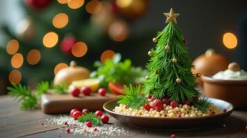Table with small Christmas tree of greens and vegetables - lettuce, tomatoes and citrus, healthy and seasonal touch, Festive scene with soft background bokeh of lights creates warm, cozy atmosphere photo