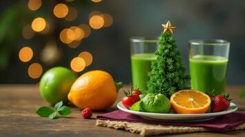Festive table with healthy and seasonal foods, green smoothy, citrus fruits, small Christmas tree of greens, soft background bokeh of lights creates warm, cozy atmosphere photo