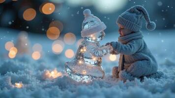 Addition to the family, Little baby figures with icy baby sit in the snow outside, a family theme on New Year's Eve, everning time with snowflakes and bokeh on blurred background, copy space photo