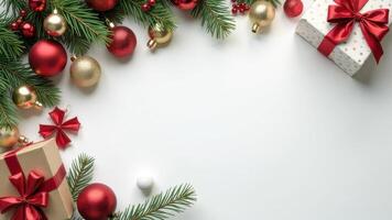 Stylish Christmas decoration concept, Bright Christmas frame of spruce, red baubles, bows, gifts and lights on white background. Flat lay, copy space, Holidays greeting card, frame, banner. New Year photo