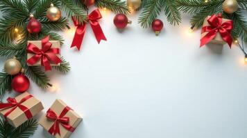 Top view Christmas decoration concept with Bright Christmas frame of spruce, box of gifts with red bows and baubles, gifts and lights on white backgroundf, flat lay, copy space photo