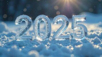 3D Icy number 2025 on a shiny snowy background with blurred sun rays, photo outside on New Year's Eve, snowy morning with snowflakes, shadows and bokeh, christmas theme