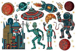 Colorful design set with retro space objects, rockets and mascots on white vector