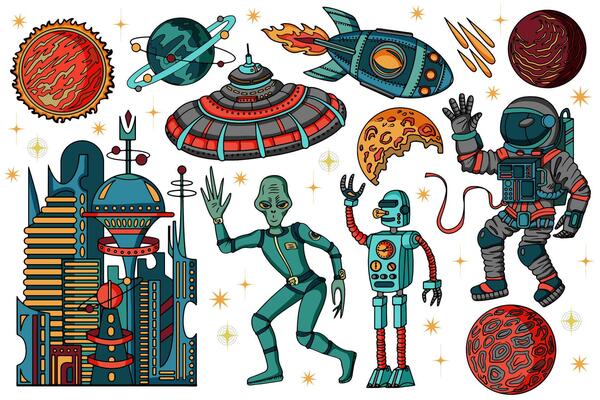 Colorful design set with retro space objects, rockets and mascots on white