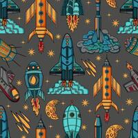 Seamless pattern with colorful retro spaceships, planets and rockets vector