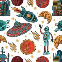 Seamless pattern with retro space ship, alien, planets on white background vector