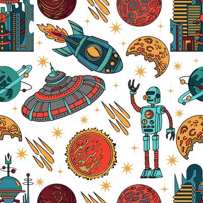 Seamless pattern with retro space ship, alien, planets on white background
