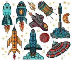 Colorful design set with retro spaceships on white background vector
