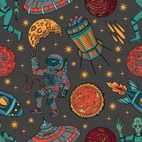 Seamless pattern with retro space symbols - planets, astronaut, alien vector