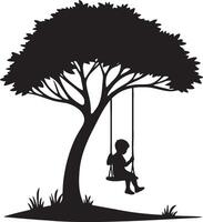 A boy Play Swing Under Tree Alone Silhouette. vector