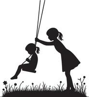 Sisters Play Swing Silhouette. vector