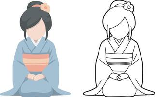 Japanese Woman Wearing Kimono Character.Bowing Cartoon . vector