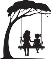Sisters Play Swing Under Tree Silhouette. vector