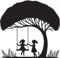 Kids Play Swing Under Tree Silhouette. vector
