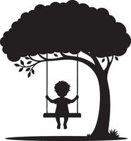 A Kid Play Swing Under Tree Silhouette. vector
