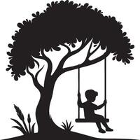 Boy Play Swing Under Tree Silhouette. vector