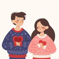 Lovers with hearts in hands. Couple of young guy and girl in cozy sweaters hold heart. characters isolated vector