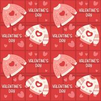 Seamless pattern with knitted sweaters and Valentines Day text. Pink and white sweaters with hearts on red background. fabric swatch vector