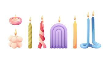 Set of modern candles in pastel colors. Twisted candles, rainbow and cube shaped candle. isolated illustrations vector
