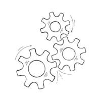 Mechanical cogs sketch. Development concept hand drawn mechanism construction with outline cog and gear signify people communication. Cogwheel illustration for technical symbol or web icons vector