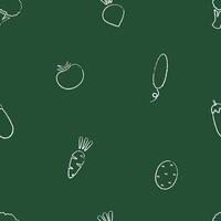 Chalk silhouette autumn vegetable seamless pattern. Retro style trendy background ornament with chalk contour vegetables on green chalkboard. Seamless illustration for wrapping paper pattern vector