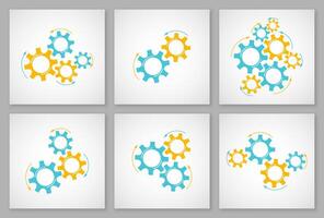 Mechanical cogwheel collection illustration. Set of development concept design element, mechanism construction with cog and gear in orange and yellow colors signify innovation teamwork. vector