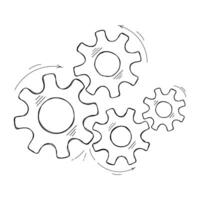 Mechanical cogs sketch illustration. Teamwork concept factory mechanism with hand drawn cog and gear signify human cooperation. Cogwheel graphic for technical symbol or modern background vector