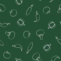 Autumn chalk silhouette fresh vegetable seamless pattern. Modern texture background design with chalk contour vegetables on green chalkboard. Seamless illustration for restaurant menu pattern vector