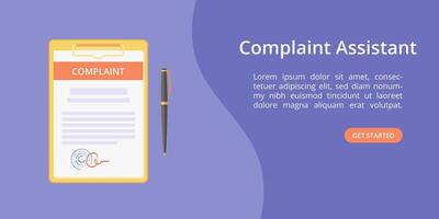 Complaint form assistant on clipboard web template concept Online customer complaint service landing concept with clipboard, signed form and pen on violet background. web illustration template vector