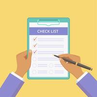 Check list on clipboard with hands illustration. Checklist document on board with paper clip. Flat man hands holding pen and clipboard with check list on yellow background for social media vector