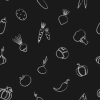 Decorative chalk silhouette vegetable seamless pattern. Decoration food design background on black chalkboard with chalk contour vegetables. Seamless illustration for backdrop print pattern. vector
