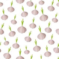 Flat vegetable seamless pattern. Trendy food design background in modern gray and white colors with random ordered garlic vegetables. illustration for vegetarian menu or backdrop print template vector